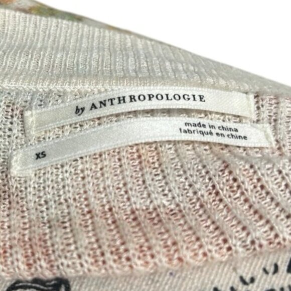 Anthropologie Floral Knit Sweater XS Ivory Linen Blend V Neck - Picture 15 of 16